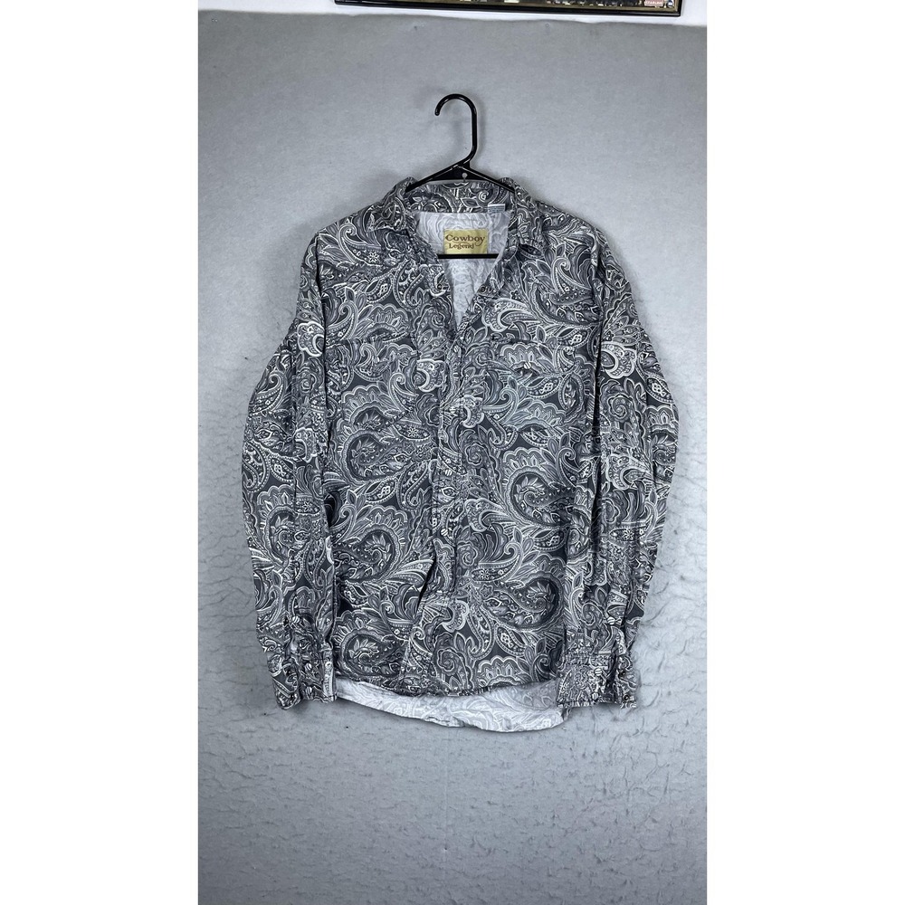 Cowboy Legend Shirt Mens Large Gray Paisley‎ Long Sleeve Button Western Casual